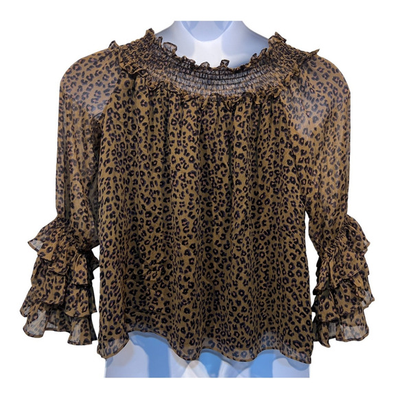 CeCe Top Wmns Large Leopard Print Sheer Blouse Off the Shoulder Ruffle Sleeve - Picture 8 of 13